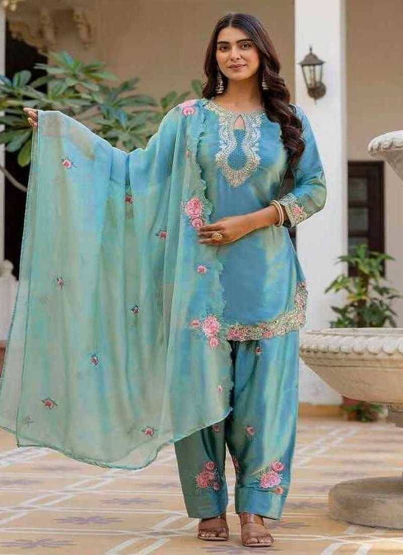 Sky blue embroidery japan satin fully stitched farshi salwar suit set