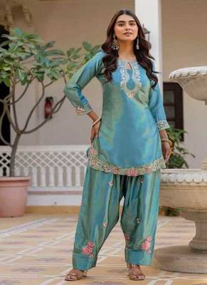 Sky blue embroidery japan satin fully stitched farshi salwar suit set 2