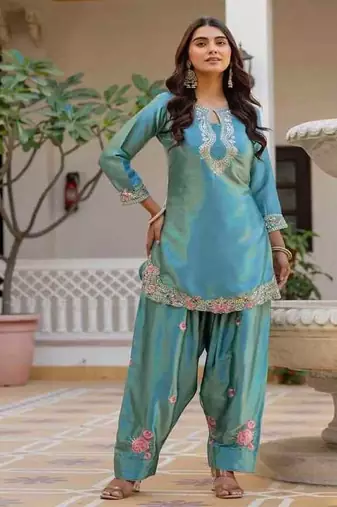 Sky blue embroidery japan satin fully stitched farshi salwar suit set