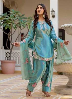 Sky blue embroidery japan satin fully stitched farshi salwar suit set 3