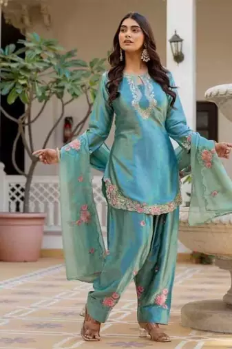 Sky blue embroidery japan satin fully stitched farshi salwar suit set