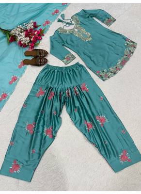 Sky blue embroidery japan satin fully stitched farshi salwar suit set 4