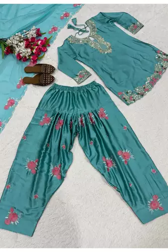 Sky blue embroidery japan satin fully stitched farshi salwar suit set