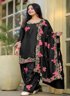 Black embroidery japan satin fully stitched farshi salwar suit set 1