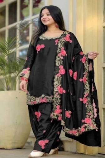 Black embroidery japan satin fully stitched farshi salwar suit set