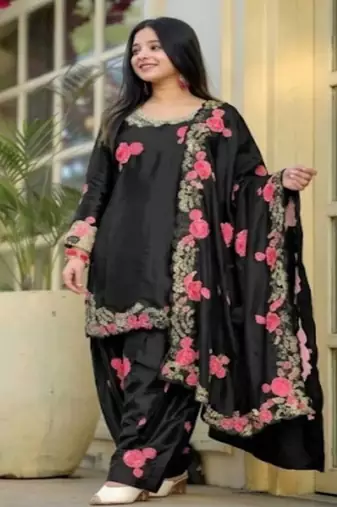 Black embroidery japan satin fully stitched farshi salwar suit set