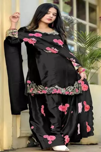 Black embroidery japan satin fully stitched farshi salwar suit set
