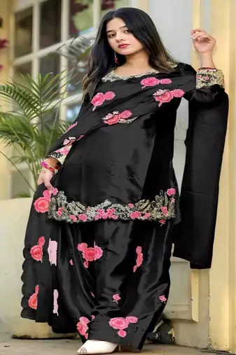 Black embroidery japan satin fully stitched farshi salwar suit set