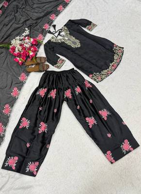 Black embroidery japan satin fully stitched farshi salwar suit set 4