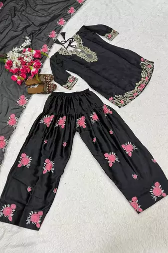 Black embroidery japan satin fully stitched farshi salwar suit set