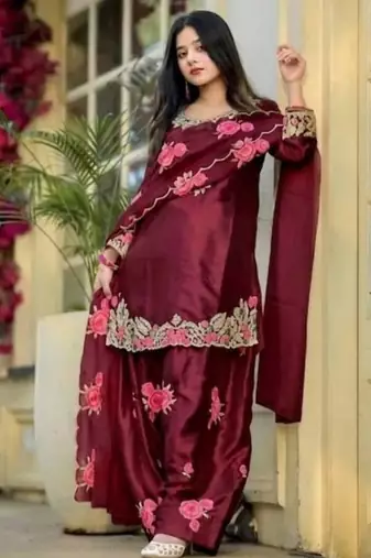 Maroon embroidery japan satin fully stitched farshi salwar suit set