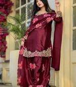 Maroon embroidery japan satin fully stitched farshi salwar suit set
