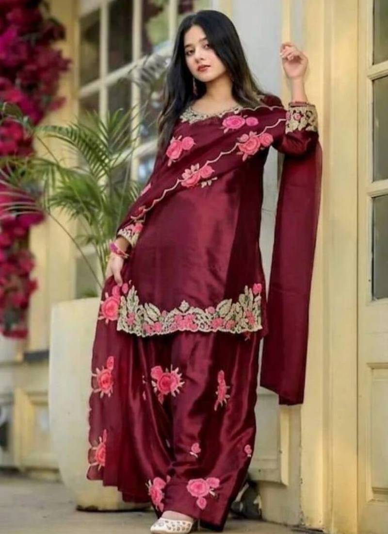 Maroon embroidery japan satin fully stitched farshi salwar suit set