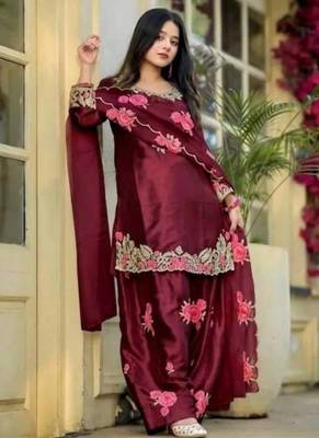 Maroon embroidery japan satin fully stitched farshi salwar suit set 2