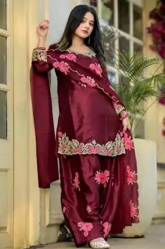Maroon embroidery japan satin fully stitched farshi salwar suit set