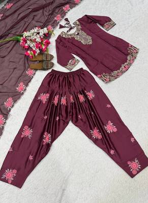 Maroon embroidery japan satin fully stitched farshi salwar suit set 3