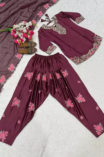 Maroon embroidery japan satin fully stitched farshi salwar suit set