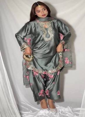 Grey embroidery japan satin fully stitched farshi salwar suit set 1