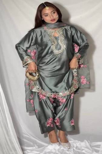 Grey embroidery japan satin fully stitched farshi salwar suit set