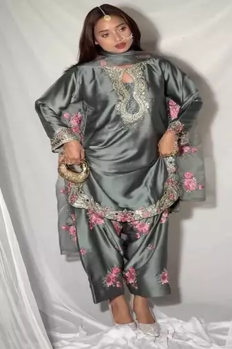Grey embroidery japan satin fully stitched farshi salwar suit set