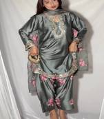 Grey embroidery japan satin fully stitched farshi salwar suit set