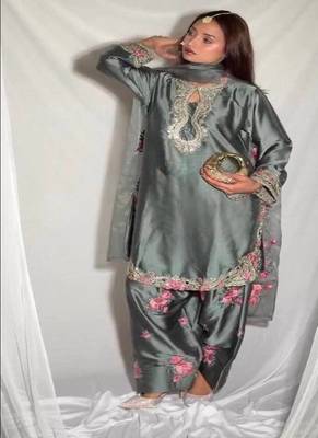 Grey embroidery japan satin fully stitched farshi salwar suit set 2