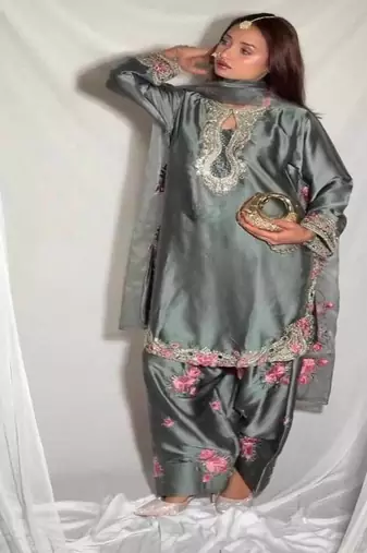 Grey embroidery japan satin fully stitched farshi salwar suit set