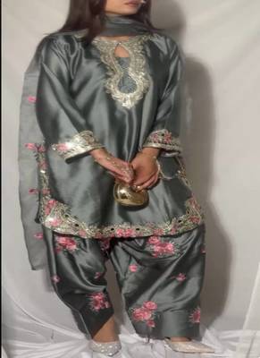 Grey embroidery japan satin fully stitched farshi salwar suit set 3