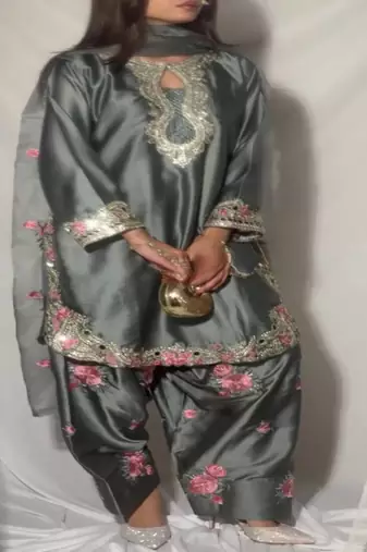 Grey embroidery japan satin fully stitched farshi salwar suit set