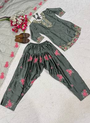 Grey embroidery japan satin fully stitched farshi salwar suit set 4