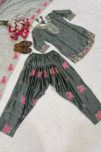 Grey embroidery japan satin fully stitched farshi salwar suit set