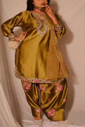Gold embroidery japan satin fully stitched farshi salwar suit set