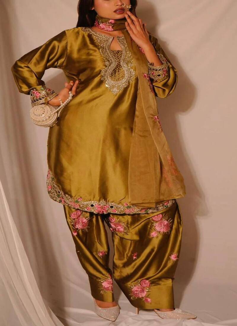 Gold embroidery japan satin fully stitched farshi salwar suit set