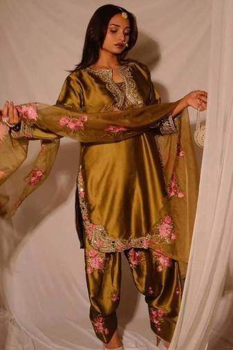Gold embroidery japan satin fully stitched farshi salwar suit set