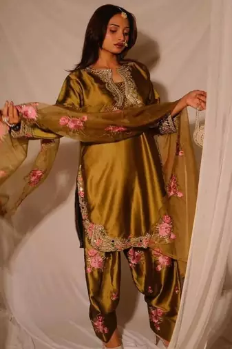 Gold embroidery japan satin fully stitched farshi salwar suit set