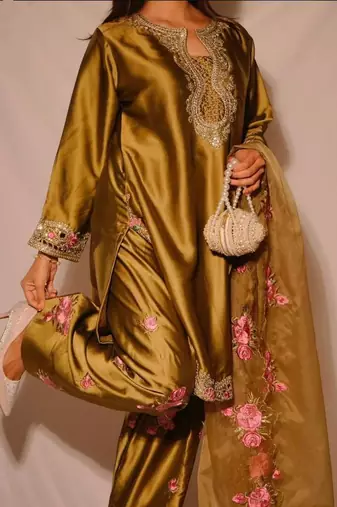 Gold embroidery japan satin fully stitched farshi salwar suit set