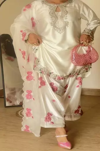 Off white embroidery japan satin fully stitched farshi salwar suit set