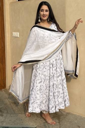 Off white embroidery vichitra silk fully stitched anarkali suit set