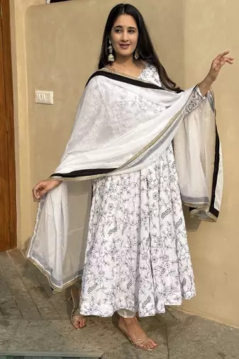 Off white embroidery vichitra silk fully stitched anarkali suit set