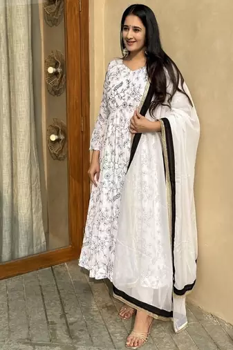 Off white embroidery vichitra silk fully stitched anarkali suit set