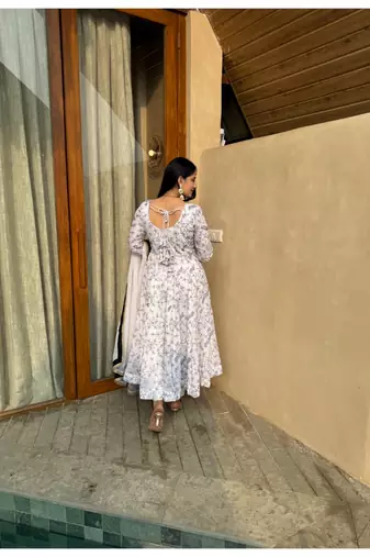 Off white embroidery vichitra silk fully stitched anarkali suit set
