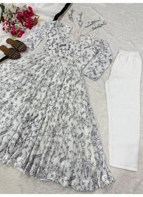 Off white embroidery vichitra silk blend fully stitched anarkali suit set 4