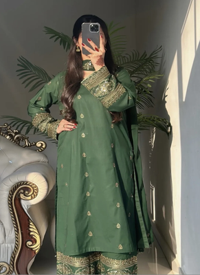 Green embroidery crep silk blend fully stitched top palazzo suit set 1