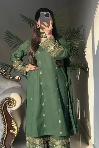 Green embroidery crep silk fully stitched top palazzo suit set