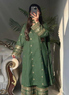 Green embroidery crep silk blend fully stitched top palazzo suit set 2