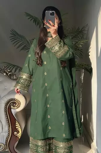 Green embroidery crep silk blend fully stitched top palazzo suit set