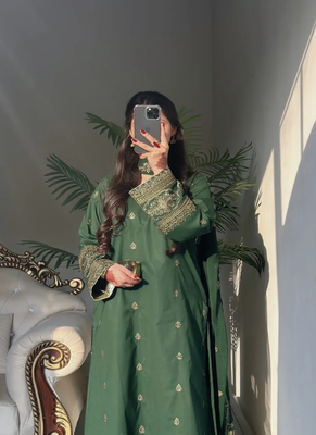 Green embroidery crep silk blend fully stitched top palazzo suit set 3