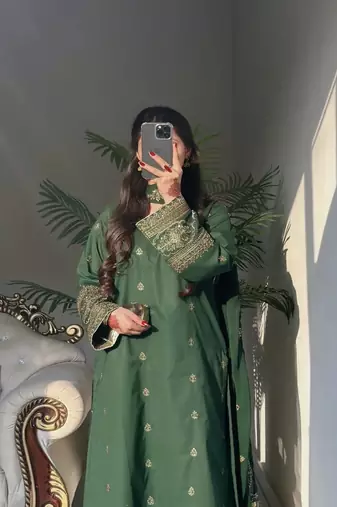 Green embroidery crep silk blend fully stitched top palazzo suit set