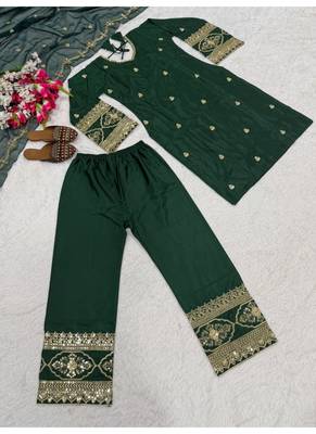 Green embroidery crep silk blend fully stitched top palazzo suit set 4