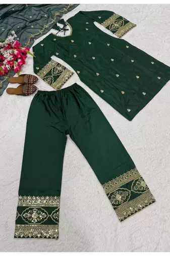 Green embroidery crep silk blend fully stitched top palazzo suit set